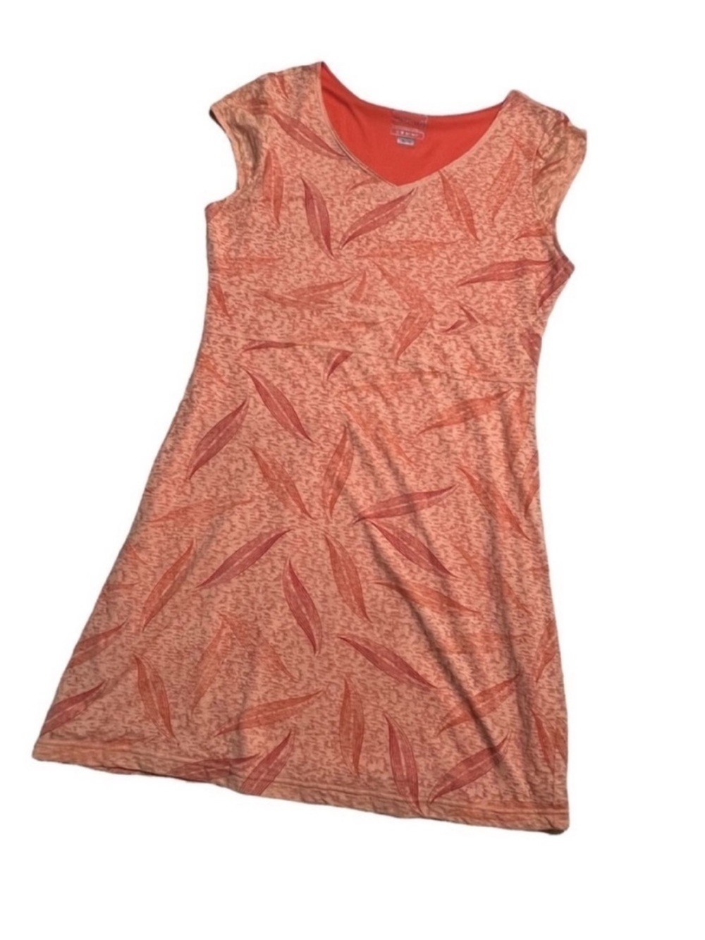 Merrell Women Cap Sleeve Opti-Wick Alexandra Dress V-Neck Coral Leaf Print Small